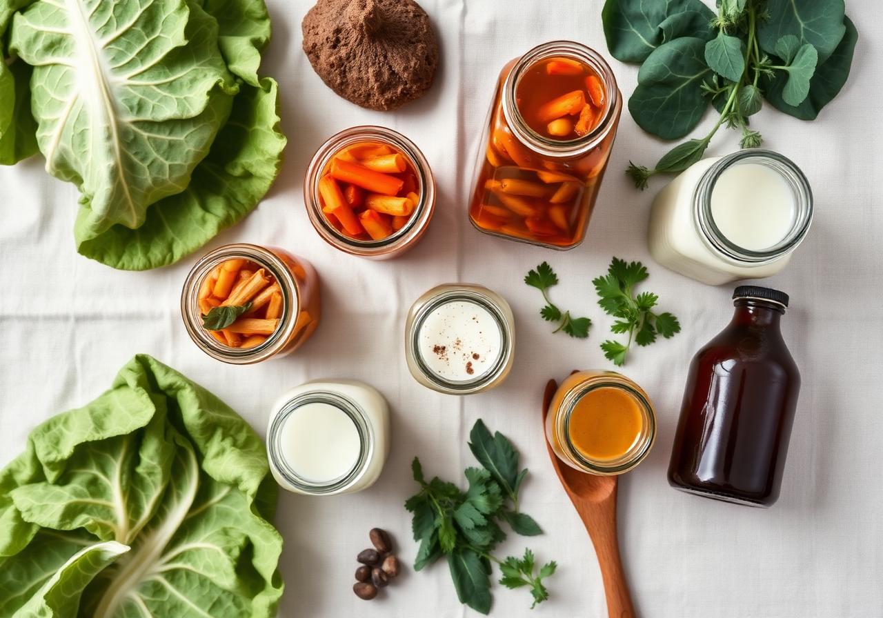 Overhead view of fermented foods including sauerkraut, kimchi, kefir and kombucha
