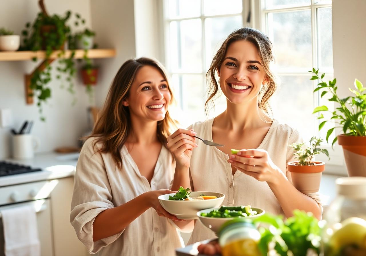 Two friends enjoying a fresh healthy meal in a sunny kitchen