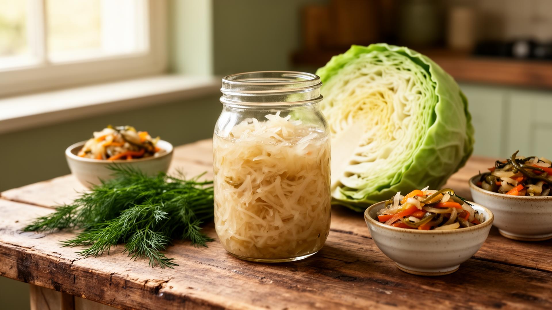 Glass jar of fresh homemade sauerkraut beside a halved cabbage and bowls of fermented vegetables