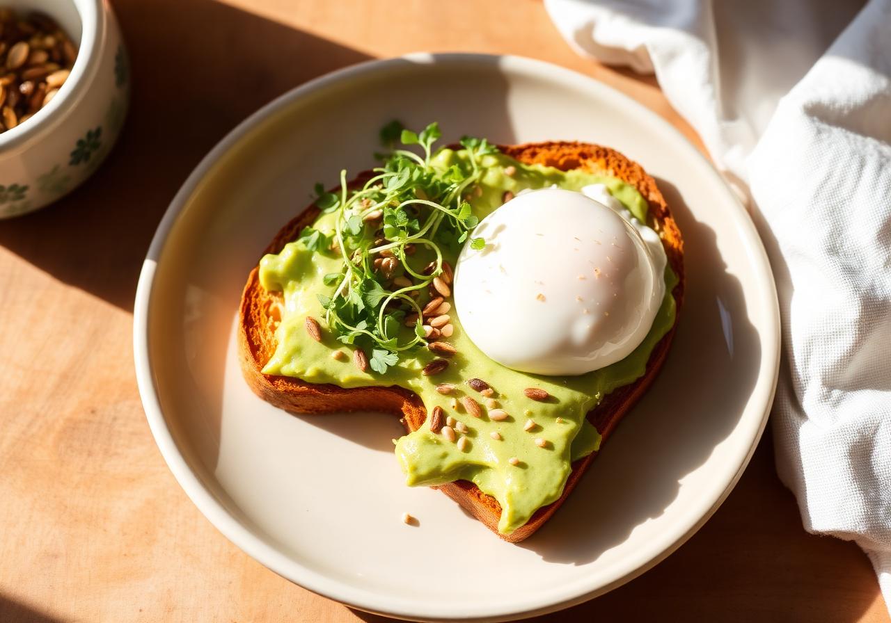 Avocado toast topped with sauerkraut, microgreens and a poached egg